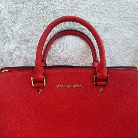 Michael Kors Red Medium Saffiano Leather Convertible Satchel Shoulder purse - Picture 2 of 16